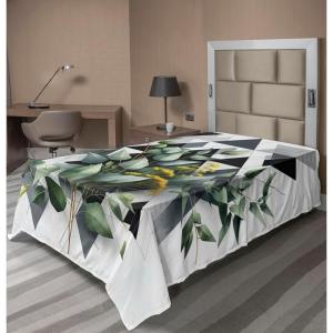 Ambesonne Eucalyptus Leaves Flat Sheet, Leafy Branches Summer Flowers on Neutral Marble Print Back, Soft Comfortable Top Sheet Decorative Bedding 1 Piece, Queen Size, Fern Green Pastel Yellow(Dark Blue Grey and Green)