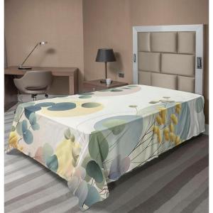 Ambesonne Eucalyptus Leaves Flat Sheet, Leafy Branches Summer Flowers on Neutral Marble Print Back, Soft Comfortable Top Sheet Decorative Bedding 1 Piece, Queen Size, Fern Green Pastel Yellow(Laurel Green Blue Cream)