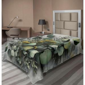 Ambesonne Eucalyptus Leaves Flat Sheet, Leafy Branches Summer Flowers on Neutral Marble Print Back, Soft Comfortable Top Sheet Decorative Bedding 1 Piece, Queen Size, Fern Green Pastel Yellow(Mustard and Reseda Green)
