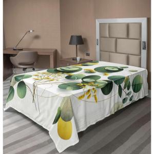 Ambesonne Eucalyptus Leaves Flat Sheet, Leafy Branches Summer Flowers on Neutral Marble Print Back, Soft Comfortable Top Sheet Decorative Bedding 1 Piece, Queen Size, Fern Green Pastel Yellow(Fern Green Yellow and White)