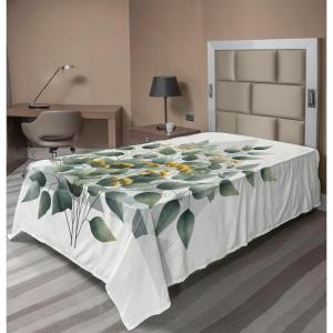 Ambesonne Eucalyptus Leaves Flat Sheet, Leafy Branches Summer Flowers on Neutral Marble Print Back, Soft Comfortable Top Sheet Decorative Bedding 1 Piece, Queen Size, Fern Green Pastel Yellow(Laurel Green White)
