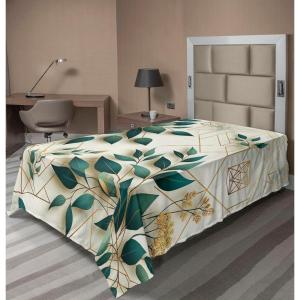 Ambesonne Eucalyptus Leaves Flat Sheet, Leafy Branches Summer Flowers on Neutral Marble Print Back, Soft Comfortable Top Sheet Decorative Bedding 1 Piece, Queen Size, Fern Green Pastel Yellow(Dark Teal Amber Ivory)