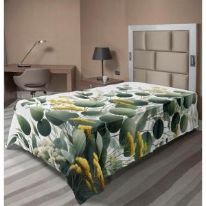 Ambesonne Eucalyptus Leaves Flat Sheet, Leafy Branches Summer Flowers on Neutral Marble Print Back, Soft Comfortable Top Sheet Decorative Bedding 1 Piece, Queen Size, Fern Green Pastel Yellow(Mustard and Peacock Green)