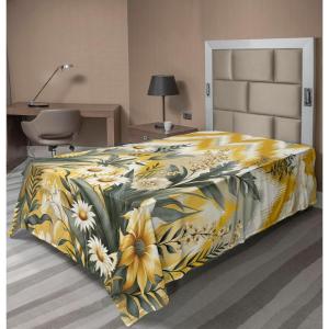 Ambesonne Eucalyptus Leaves Flat Sheet, Leafy Branches Summer Flowers on Neutral Marble Print Back, Soft Comfortable Top Sheet Decorative Bedding 1 Piece, Queen Size, Fern Green Pastel Yellow(Mustard and Laurel Green)