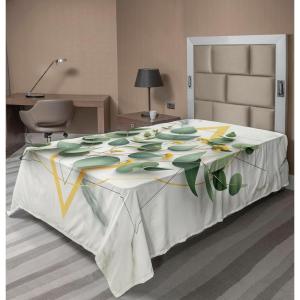 Ambesonne Eucalyptus Leaves Flat Sheet, Leafy Branches Summer Flowers on Neutral Marble Print Back, Soft Comfortable Top Sheet Decorative Bedding 1 Piece, Queen Size, Fern Green Pastel Yellow(Peacock Green Mustard)