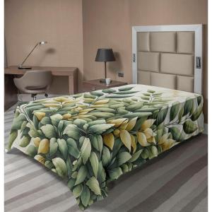 Ambesonne Eucalyptus Leaves Flat Sheet, Leafy Branches Summer Flowers on Neutral Marble Print Back, Soft Comfortable Top Sheet Decorative Bedding 1 Piece, Queen Size, Fern Green Pastel Yellow(Laurel Green Eggshell)