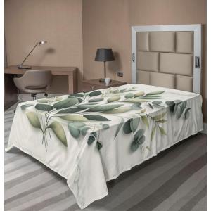 Ambesonne Eucalyptus Leaves Flat Sheet, Leafy Branches Summer Flowers on Neutral Marble Print Back, Soft Comfortable Top Sheet Decorative Bedding 1 Piece, Queen Size, Fern Green Pastel Yellow(Sage Green Off White)