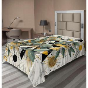 Ambesonne Eucalyptus Leaves Flat Sheet, Leafy Branches Summer Flowers on Neutral Marble Print Back, Soft Comfortable Top Sheet Decorative Bedding 1 Piece, Queen Size, Fern Green Pastel Yellow(Green Black Mustard)