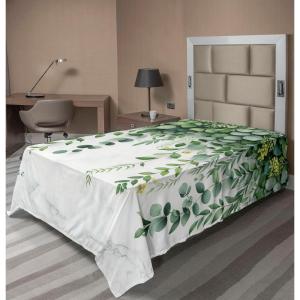 Ambesonne Eucalyptus Leaves Flat Sheet, Leafy Branches Summer Flowers on Neutral Marble Print Back, Soft Comfortable Top Sheet Decorative Bedding 1 Piece, Queen Size, Fern Green Pastel Yellow(Fern Green Pastel Yellow)