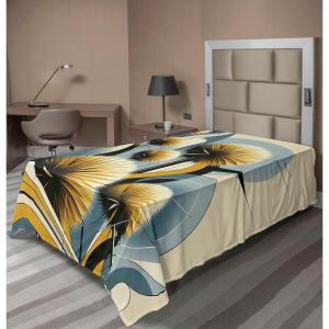 Ambesonne Eucalyptus Leaves Flat Sheet, Leafy Branches Summer Flowers on Neutral Marble Print Back, Soft Comfortable Top Sheet Decorative Bedding 1 Piece, Queen Size, Fern Green Pastel Yellow(Mustard Blue Grey Cream)