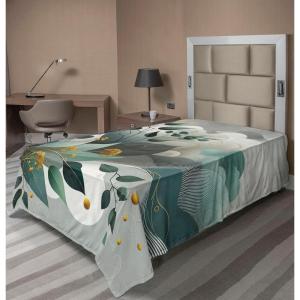 Ambesonne Eucalyptus Leaves Flat Sheet, Leafy Branches Summer Flowers on Neutral Marble Print Back, Soft Comfortable Top Sheet Decorative Bedding 1 Piece, Queen Size, Fern Green Pastel Yellow(Dark Sea Green Grey Teal)