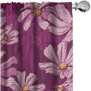 Ambesonne Floral Curtains, Retro Chamomile Like Petals Neutral Flower Silhouettes on Brownish Back, Window Treatments 2 Panel Set for Living Room Bedroom, Pair of – 28″ x 63″, Pale Mustard Paprika(Dark Magenta Burgundy)