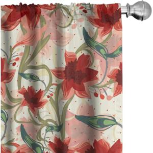 Ambesonne Floral Curtains, Retro Chamomile Like Petals Neutral Flower Silhouettes on Brownish Back, Window Treatments 2 Panel Set for Living Room Bedroom, Pair of – 28″ x 63″, Pale Mustard Paprika(Scarlet Laurel Green)