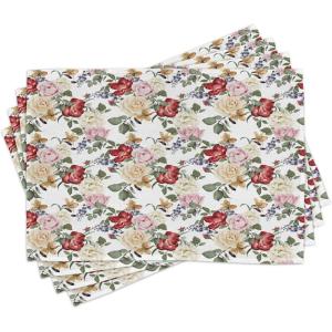 Ambesonne Floral Place Mats Set of 4, Vintage Garden Plants Herbs Flowers Botanical Classic Design Art, Washable Fabric Placemats for Dining Table, Standard Size, Reseda Green Beige(Pale Pink Cream)