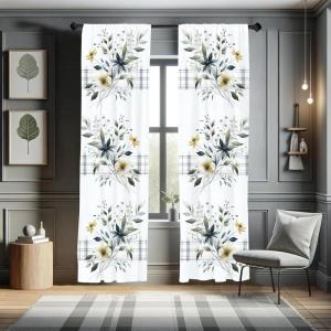 Ambesonne Floral Window Curtains Pack of 2, Minimalist Design Cozy Neutral Farmhouse Plaid with Leaves and Flowers, Lightweight Set & Rod Pocket, 4 Panels of – 28″ x 63″, Sage Green Blue Yellow(Sage Green Blue Yellow)