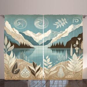 Ambesonne Lake Curtains, Mountains Calm Nature Scenery Botanical Neutral Ornaments Illustration, Living Room Bedroom Window Drapes 2 Panel Set, 108″ X 96″, Pale Teal Tan and Brown(Pale Teal Tan and Brown)