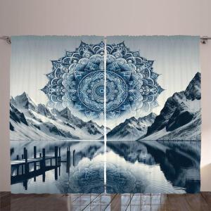 Ambesonne Lake Curtains, Mountains Calm Nature Scenery Botanical Neutral Ornaments Illustration, Living Room Bedroom Window Drapes 2 Panel Set, 108″ X 96″, Pale Teal Tan and Brown(Night Blue)