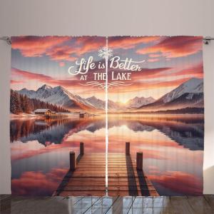 Ambesonne Lake Curtains, Mountains Calm Nature Scenery Botanical Neutral Ornaments Illustration, Living Room Bedroom Window Drapes 2 Panel Set, 108″ X 96″, Pale Teal Tan and Brown(Salmon Purple Grey)