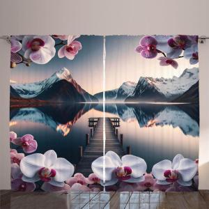 Ambesonne Lake Curtains, Mountains Calm Nature Scenery Botanical Neutral Ornaments Illustration, Living Room Bedroom Window Drapes 2 Panel Set, 108″ X 96″, Pale Teal Tan and Brown(Pale Purple Petrol Blue)