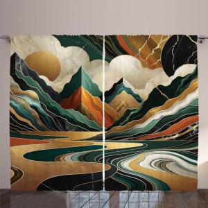 Ambesonne Lake Curtains, Mountains Calm Nature Scenery Botanical Neutral Ornaments Illustration, Living Room Bedroom Window Drapes 2 Panel Set, 108″ X 96″, Pale Teal Tan and Brown(Teal Pale Vermilion Pearl)