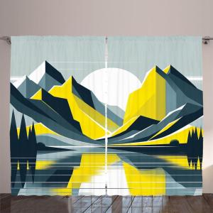 Ambesonne Lake Curtains, Mountains Calm Nature Scenery Botanical Neutral Ornaments Illustration, Living Room Bedroom Window Drapes 2 Panel Set, 108″ X 96″, Pale Teal Tan and Brown(Mustard Purpleblue White)