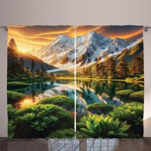 Ambesonne Lake Curtains, Mountains Calm Nature Scenery Botanical Neutral Ornaments Illustration, Living Room Bedroom Window Drapes 2 Panel Set, 108″ X 96″, Pale Teal Tan and Brown(Peach Green and Fawn)