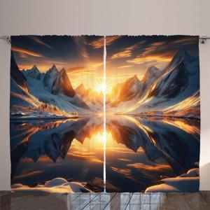 Ambesonne Lake Curtains, Mountains Calm Nature Scenery Botanical Neutral Ornaments Illustration, Living Room Bedroom Window Drapes 2 Panel Set, 108″ X 96″, Pale Teal Tan and Brown(Orange and Dark Blue)