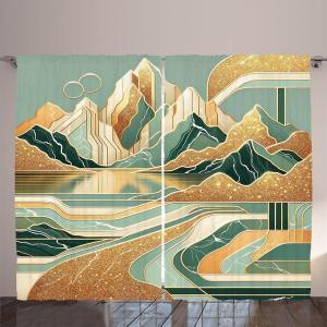 Ambesonne Lake Curtains, Mountains Calm Nature Scenery Botanical Neutral Ornaments Illustration, Living Room Bedroom Window Drapes 2 Panel Set, 108″ X 96″, Pale Teal Tan and Brown(Amber Teal Burnt Orange)