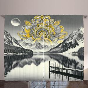 Ambesonne Lake Curtains, Mountains Calm Nature Scenery Botanical Neutral Ornaments Illustration, Living Room Bedroom Window Drapes 2 Panel Set, 108″ X 96″, Pale Teal Tan and Brown(Yellow and Grey)
