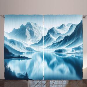 Ambesonne Lake Curtains, Mountains Calm Nature Scenery Botanical Neutral Ornaments Illustration, Living Room Bedroom Window Drapes 2 Panel Set, 108″ X 96″, Pale Teal Tan and Brown(Pale Blue Petrol Blue)