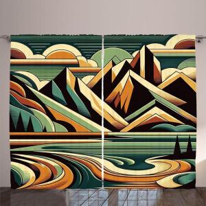 Ambesonne Lake Curtains, Mountains Calm Nature Scenery Botanical Neutral Ornaments Illustration, Living Room Bedroom Window Drapes 2 Panel Set, 108″ X 96″, Pale Teal Tan and Brown(Orange Almond Green)