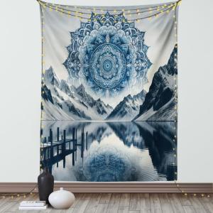Ambesonne Lake Tapestry, Mountains Calm Nature Scenery Botanical Neutral Ornaments Illustration, Wall Hanging for Bedroom Living Room Dorm Decor, 60″ X 80″, Pale Teal Tan and Brown(Night Blue)