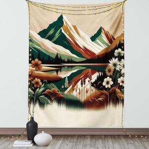 Ambesonne Lake Tapestry, Mountains Calm Nature Scenery Botanical Neutral Ornaments Illustration, Wall Hanging for Bedroom Living Room Dorm Decor, 60″ X 80″, Pale Teal Tan and Brown(Hunter Green Pale Redwood)