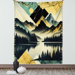 Ambesonne Lake Tapestry, Mountains Calm Nature Scenery Botanical Neutral Ornaments Illustration, Wall Hanging for Bedroom Living Room Dorm Decor, 60″ X 80″, Pale Teal Tan and Brown(Dark Green Teal Khaki)