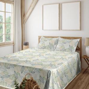 Ambesonne Meadow Vibes Sheet Set, Line Art Neutral Colors Boho Pampas Design on Geometric Back Print, Fitted and Flat Sheet with Pillowcase Bedding Accent 3 Piece Set, Twin, Pale Salmon Off White(Dark Ceil Blue and Fern Green)