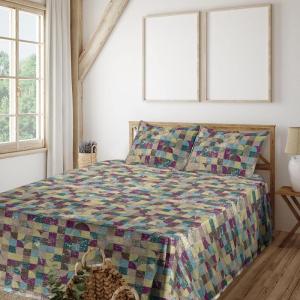 Ambesonne Meadow Vibes Sheet Set, Line Art Neutral Colors Boho Pampas Design on Geometric Back Print, Fitted and Flat Sheet with Pillowcase Bedding Accent 3 Piece Set, Twin, Pale Salmon Off White(Avocado Green Purple Teal)
