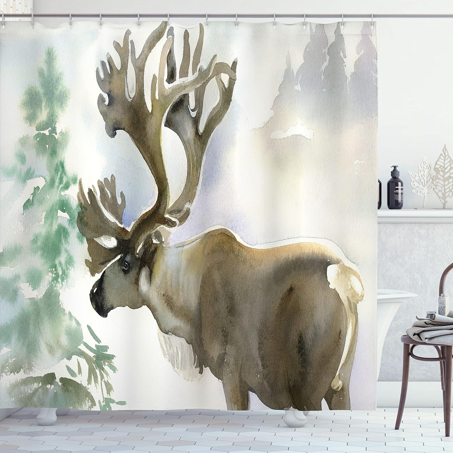 imageAmbesonne Antlers Shower Curtain Moose in Winter Forest Wildlife Reindeer Christmas Theme Watercolor Painting Style Cloth Fabric Bathroom Decor Set with Hooks 69quot W x 70quot L Beige GreenBeige Green
