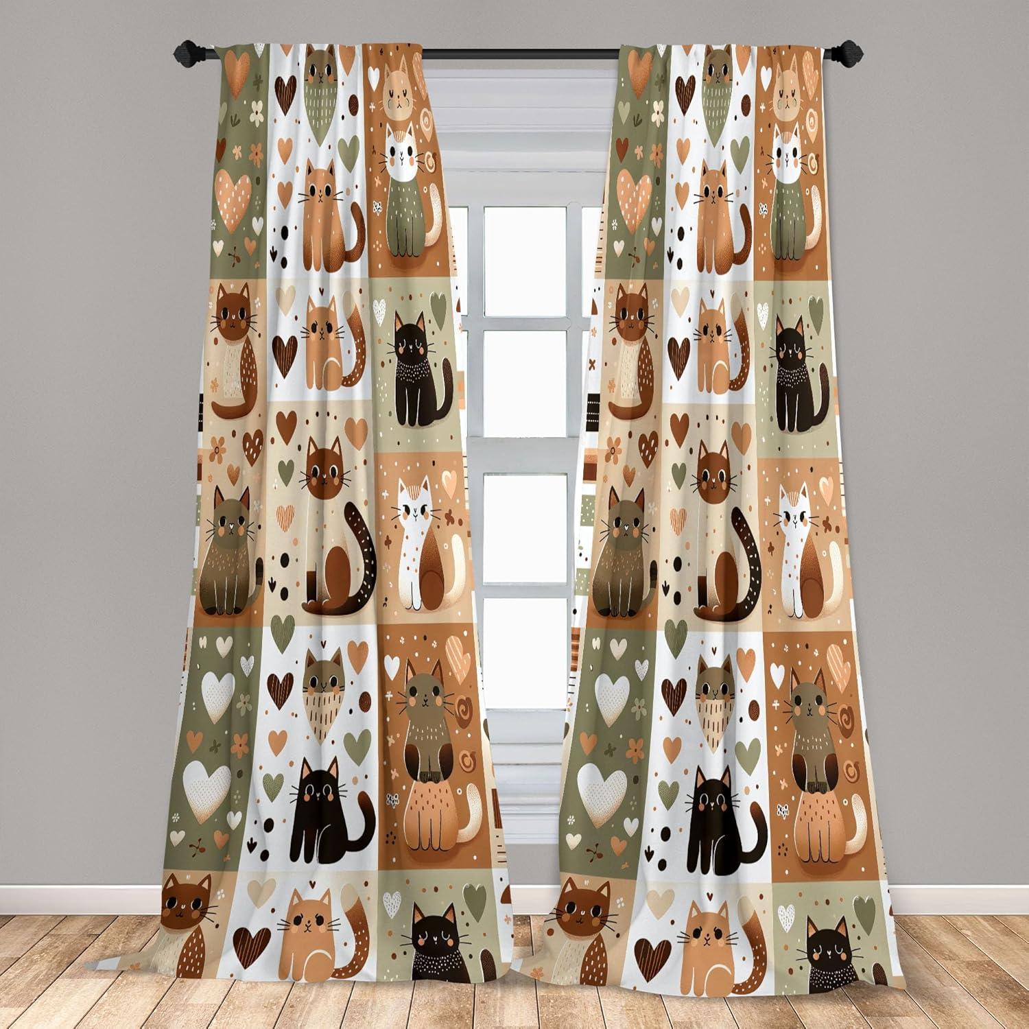 imageAmbesonne Cats Curtains Modern Scandi Pattern of Kitten Love with Romantic Hearts Cartoon Design Window Treatments 2 Panel Set for Living Room Bedroom Pair of 28quot x 63quot Ginger Olive Green WhiteGinger Olive Green White