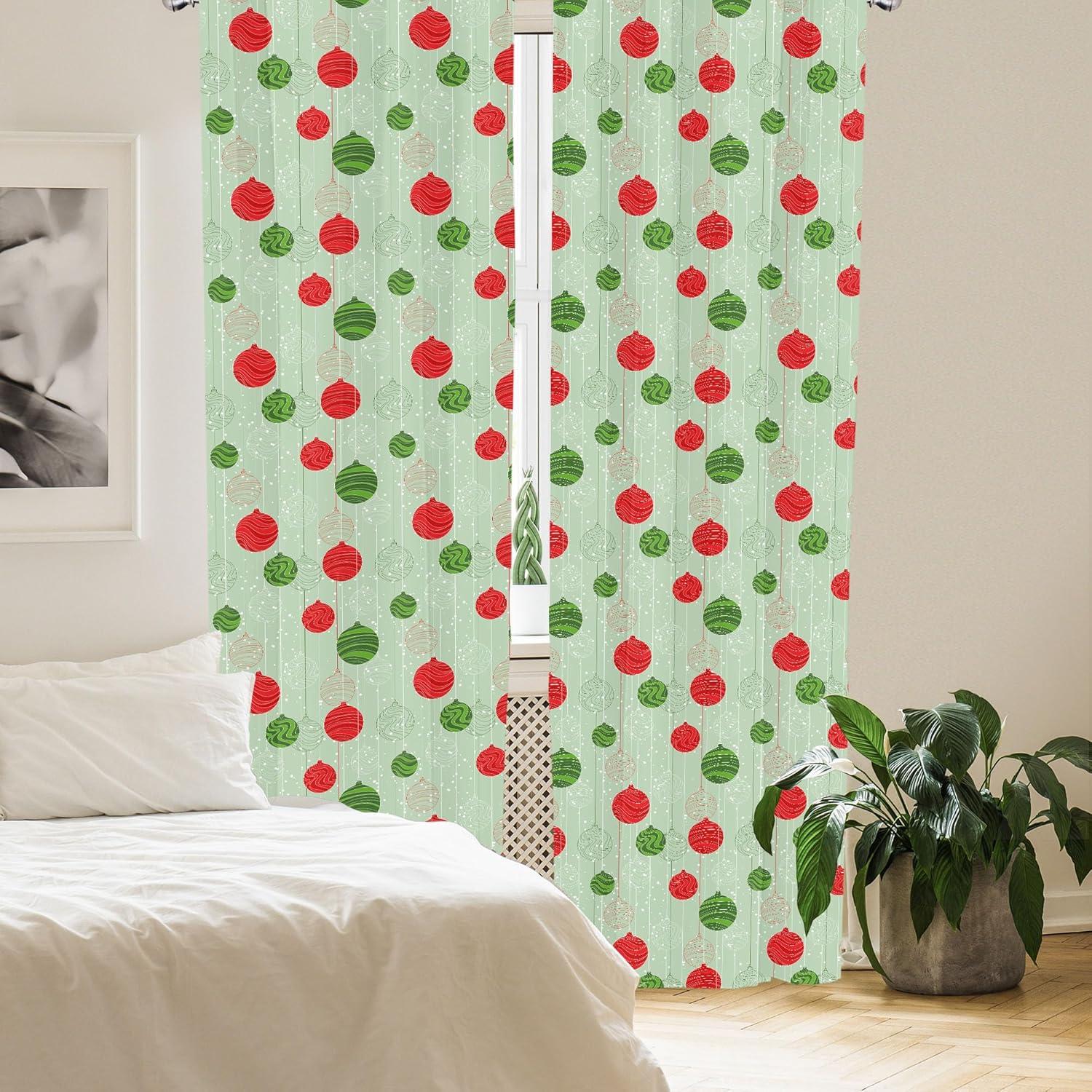 imageAmbesonne Christmas Curtains Tree Branches Spruce Leaves Balls Bells Cones Poinsettia Flowers Mistletoe Berry Window Treatments 2 Panel Set for Living Room Bedroom Pair of 28quot x 63quot Ruby GreenGreen and Red