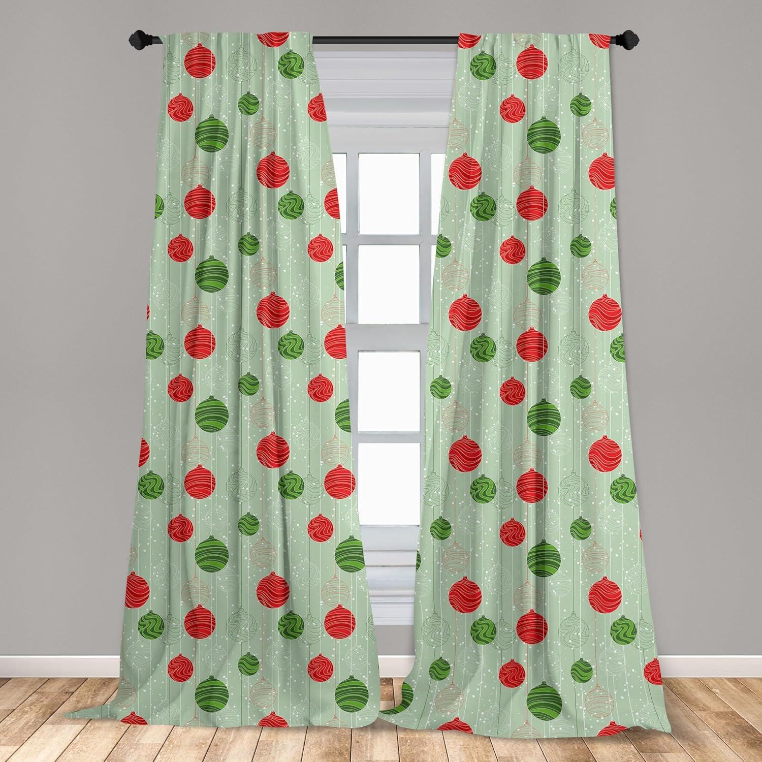 imageAmbesonne Christmas Curtains Tree Branches Spruce Leaves Balls Bells Cones Poinsettia Flowers Mistletoe Berry Window Treatments 2 Panel Set for Living Room Bedroom Pair of 28quot x 63quot Ruby GreenGreen and Red