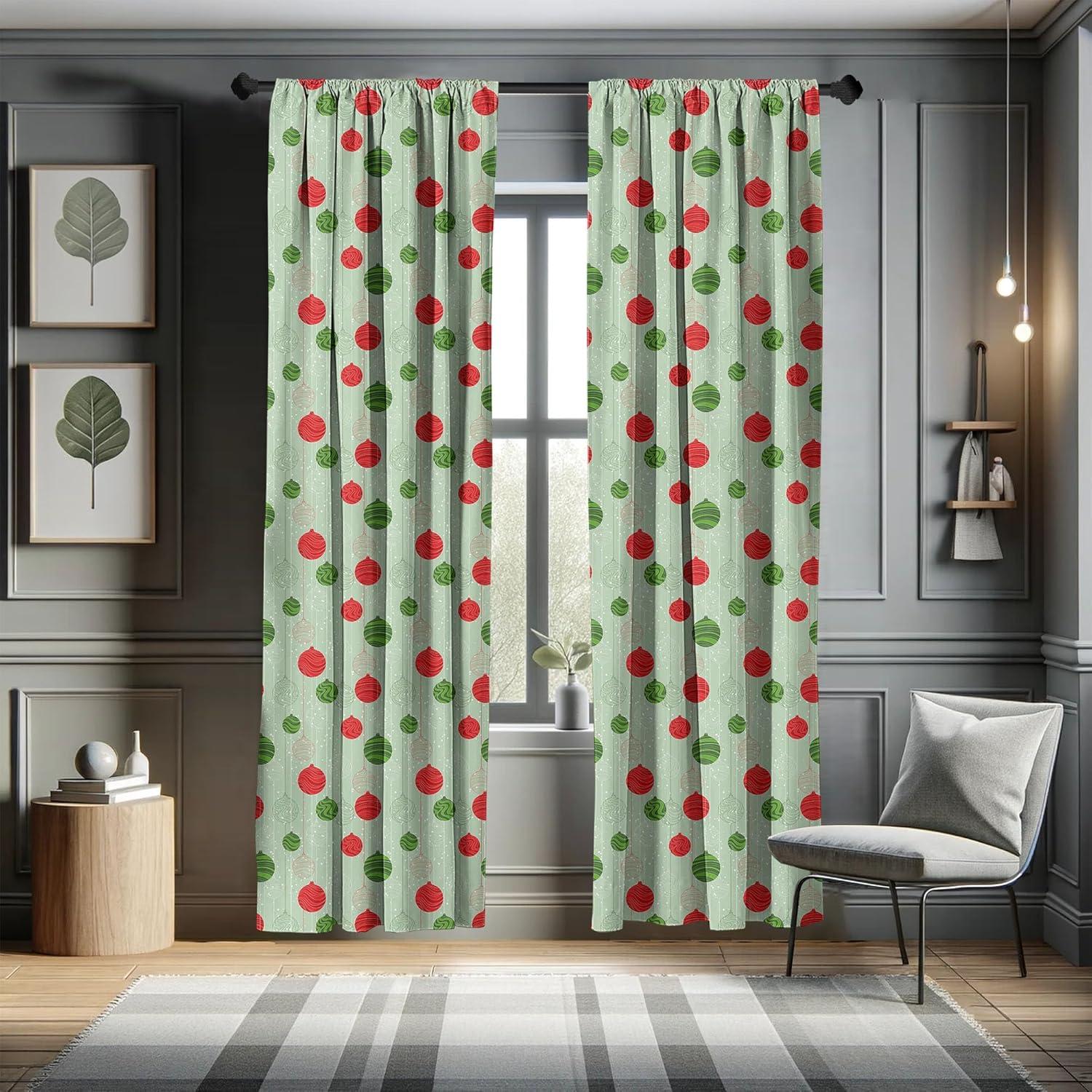 imageAmbesonne Christmas Curtains Tree Branches Spruce Leaves Balls Bells Cones Poinsettia Flowers Mistletoe Berry Window Treatments 2 Panel Set for Living Room Bedroom Pair of 28quot x 63quot Ruby GreenGreen and Red