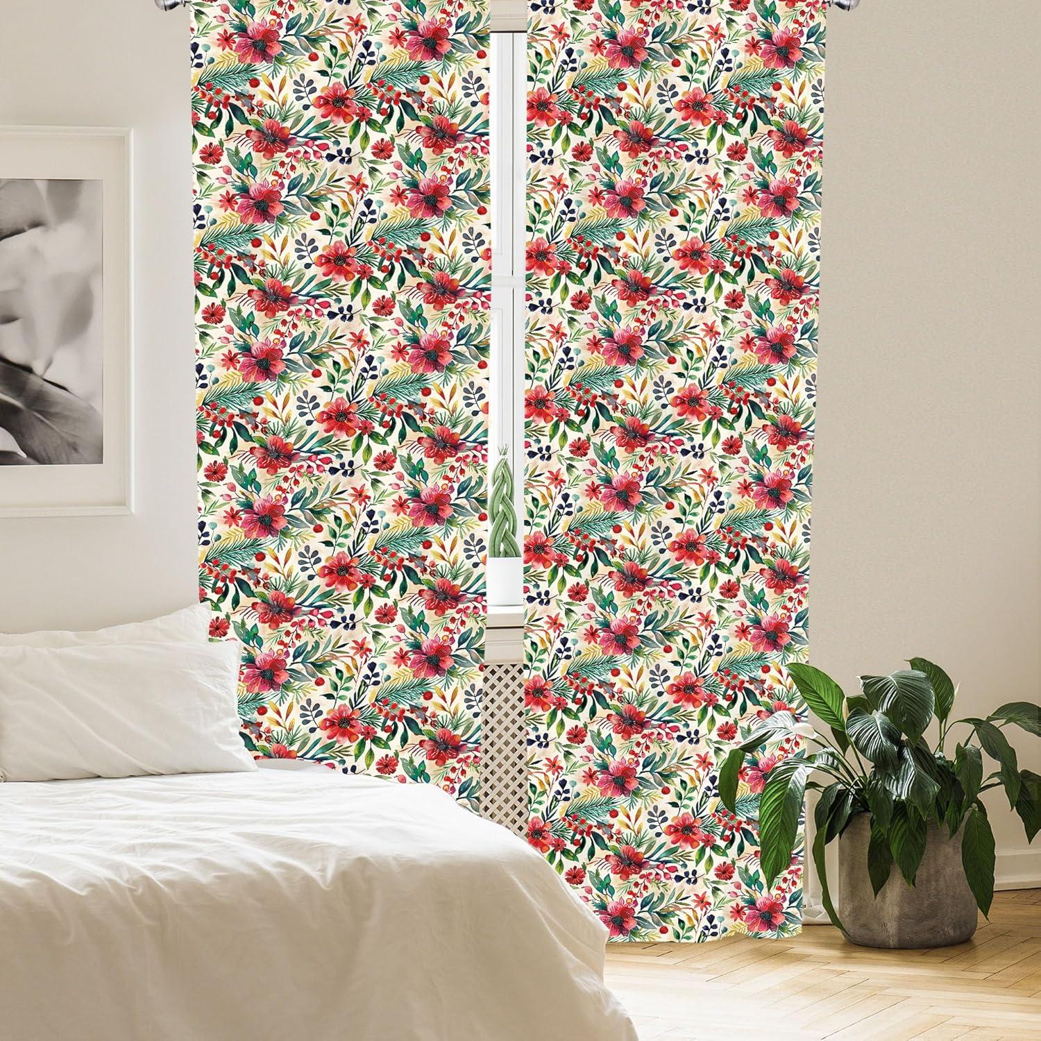 imageAmbesonne Christmas Curtains Tree Branches Spruce Leaves Balls Bells Cones Poinsettia Flowers Mistletoe Berry Window Treatments 2 Panel Set for Living Room Bedroom Pair of 28quot x 63quot Ruby GreenForest Green and Vermilion