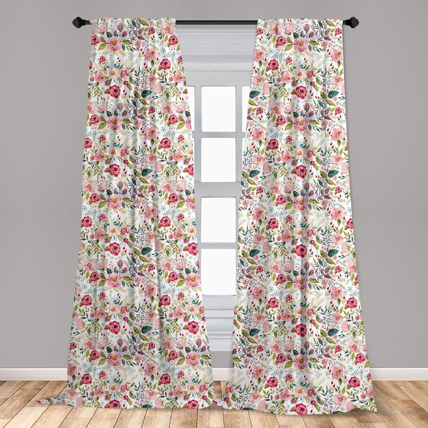 imageAmbesonne Christmas Curtains Tree Branches Spruce Leaves Balls Bells Cones Poinsettia Flowers Mistletoe Berry Window Treatments 2 Panel Set for Living Room Bedroom Pair of 28quot x 63quot Ruby GreenPink White