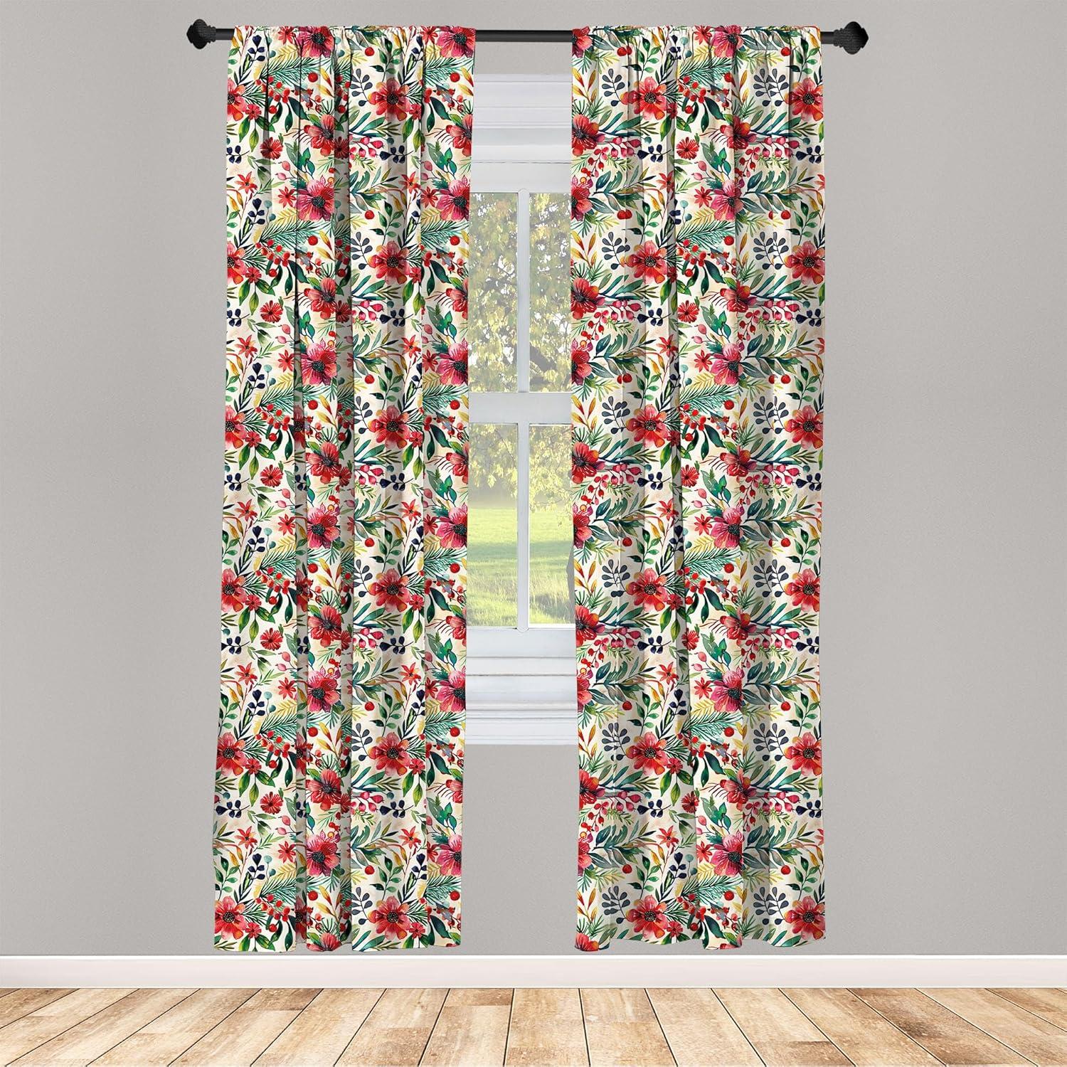 imageAmbesonne Christmas Curtains Tree Branches Spruce Leaves Balls Bells Cones Poinsettia Flowers Mistletoe Berry Window Treatments 2 Panel Set for Living Room Bedroom Pair of 28quot x 63quot Ruby GreenForest Green and Vermilion