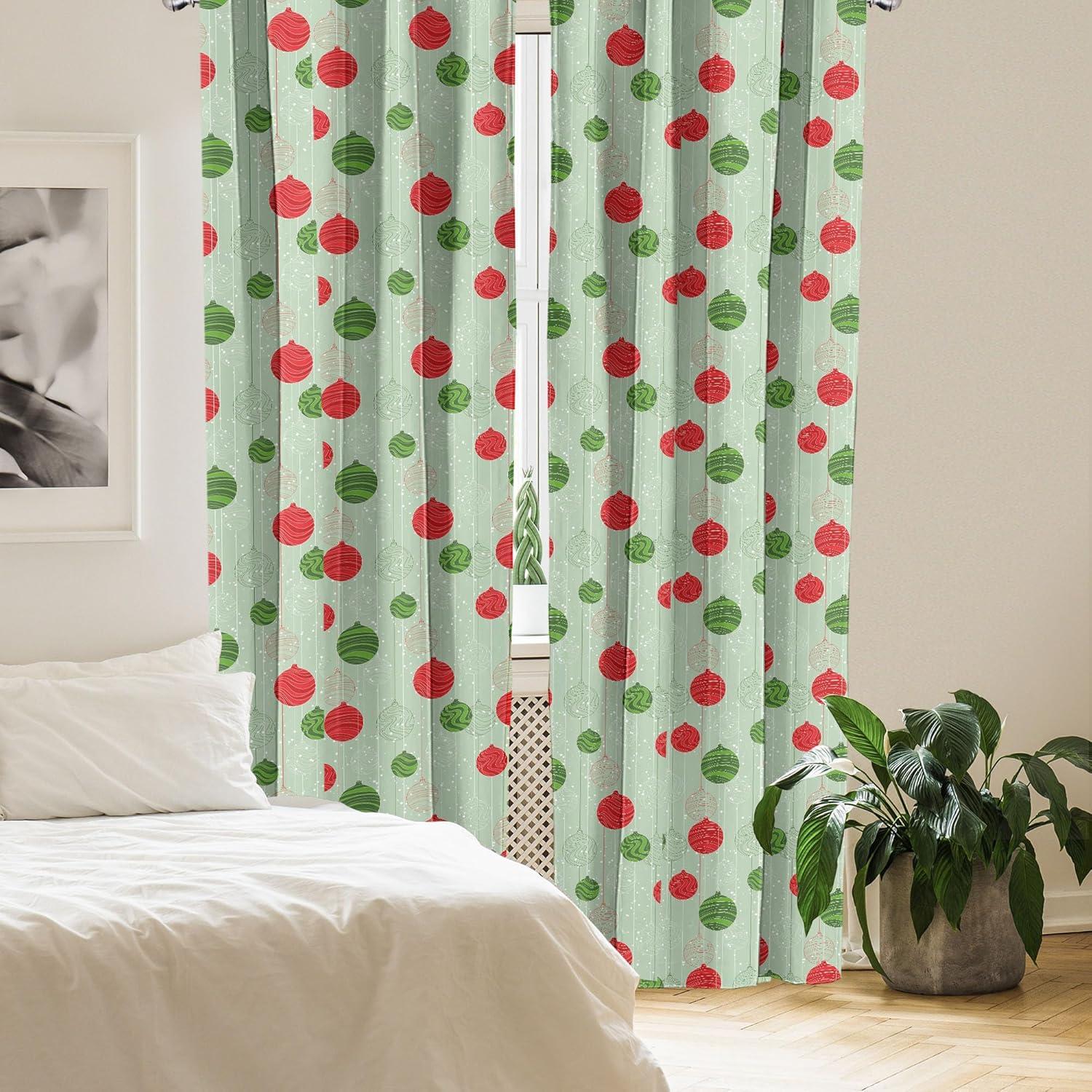 imageAmbesonne Christmas Curtains Tree Branches Spruce Leaves Balls Bells Cones Poinsettia Flowers Mistletoe Berry Window Treatments 2 Panel Set for Living Room Bedroom Pair of 28quot x 63quot Ruby GreenGreen and Red