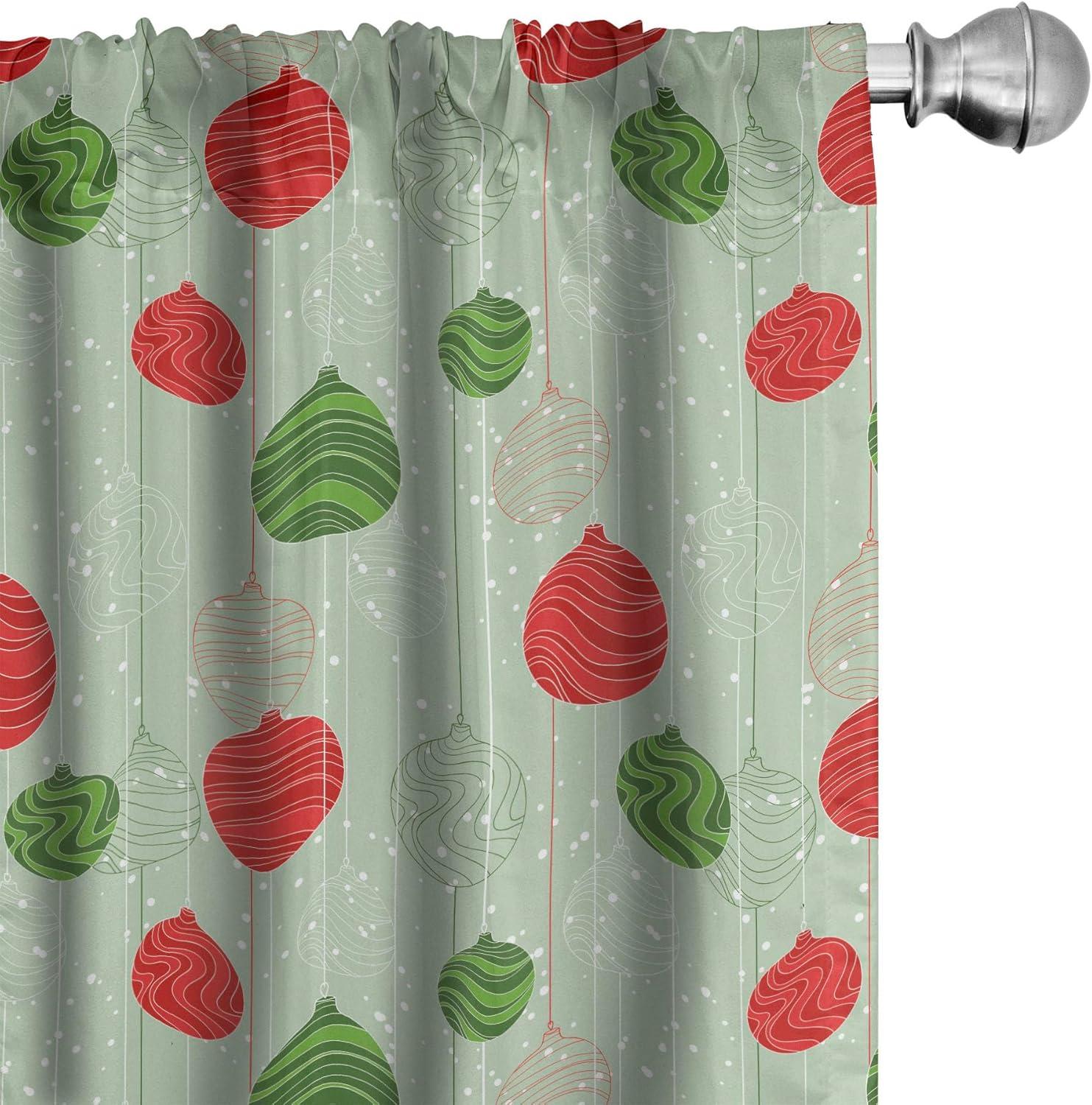 imageAmbesonne Christmas Curtains Tree Branches Spruce Leaves Balls Bells Cones Poinsettia Flowers Mistletoe Berry Window Treatments 2 Panel Set for Living Room Bedroom Pair of 28quot x 63quot Ruby GreenGreen and Red