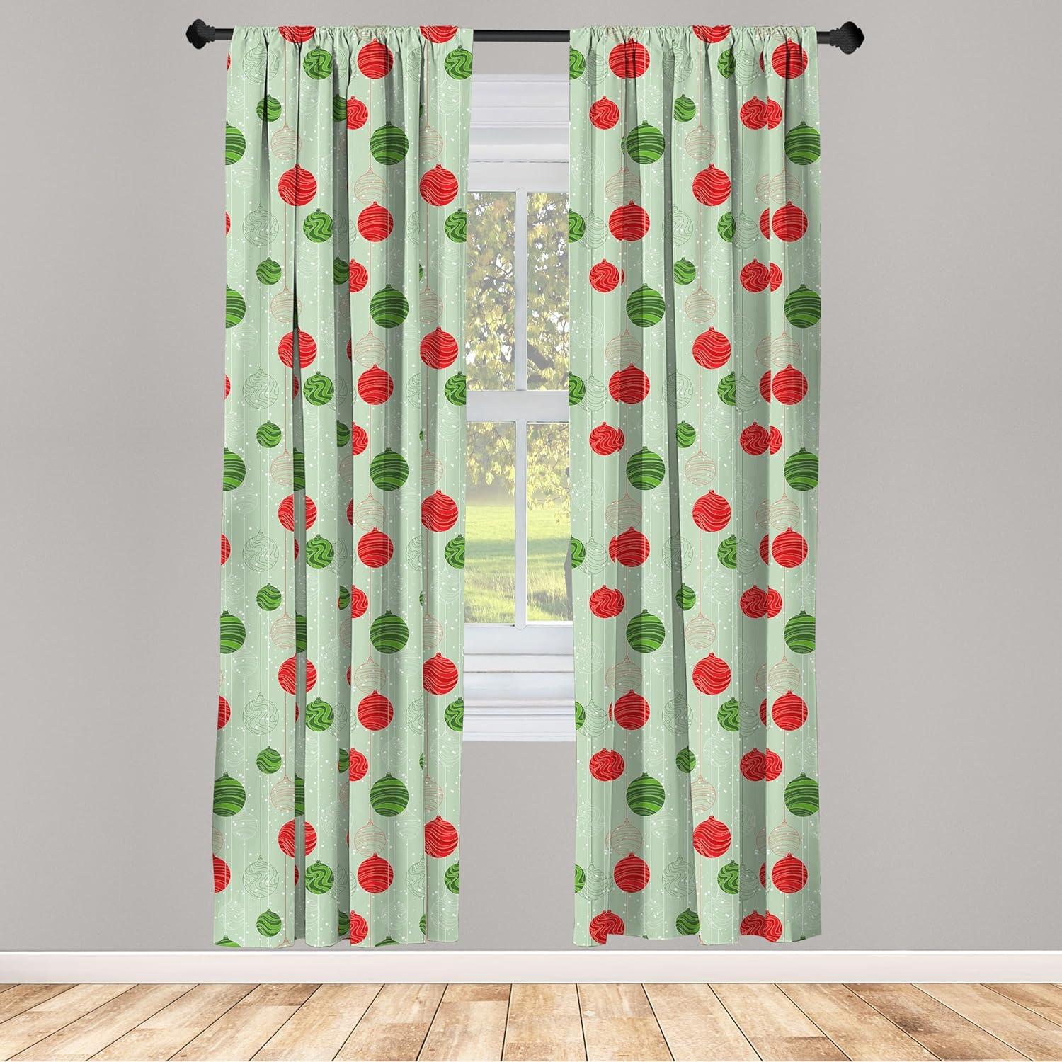 imageAmbesonne Christmas Curtains Tree Branches Spruce Leaves Balls Bells Cones Poinsettia Flowers Mistletoe Berry Window Treatments 2 Panel Set for Living Room Bedroom Pair of 28quot x 63quot Ruby GreenGreen and Red