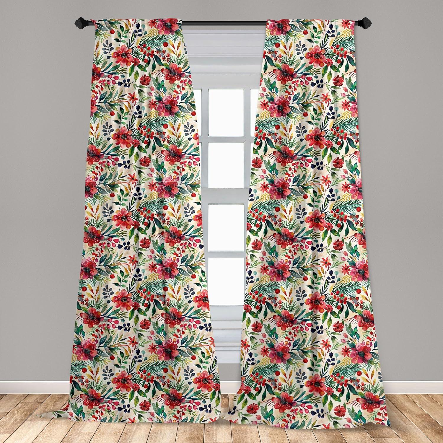 imageAmbesonne Christmas Curtains Tree Branches Spruce Leaves Balls Bells Cones Poinsettia Flowers Mistletoe Berry Window Treatments 2 Panel Set for Living Room Bedroom Pair of 28quot x 63quot Ruby GreenForest Green and Vermilion