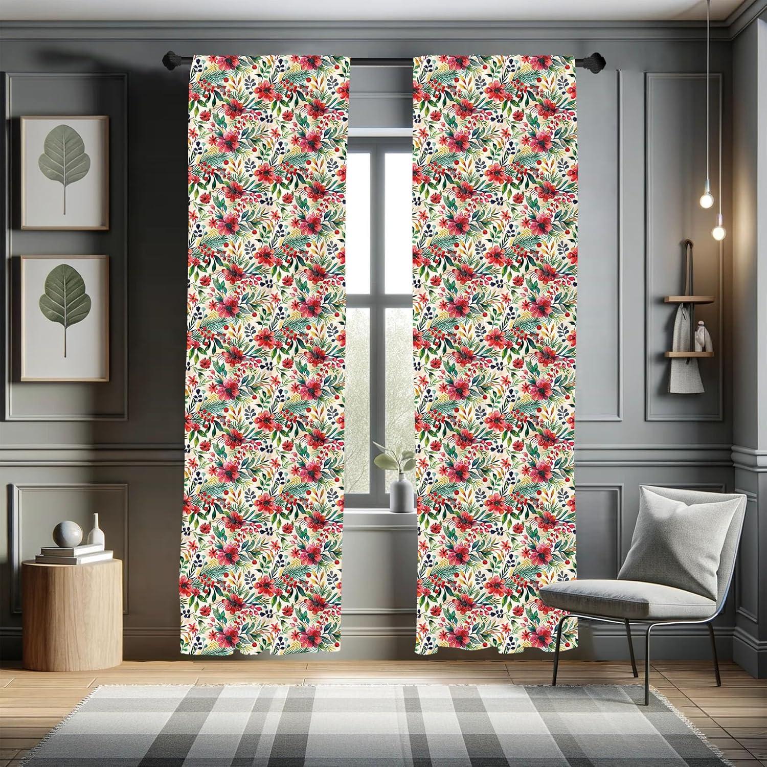 imageAmbesonne Christmas Curtains Tree Branches Spruce Leaves Balls Bells Cones Poinsettia Flowers Mistletoe Berry Window Treatments 2 Panel Set for Living Room Bedroom Pair of 28quot x 63quot Ruby GreenForest Green and Vermilion