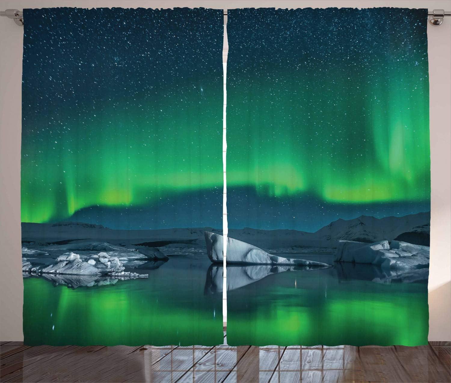 imageAmbesonne Christmas Curtains Wooden Rustic Log Cottage Scenery in The Winter Season Warm Moonlight Living Room Bedroom Window Drapes 2 Panel Set 108 X 84 White NavyNight Blue Lime Green